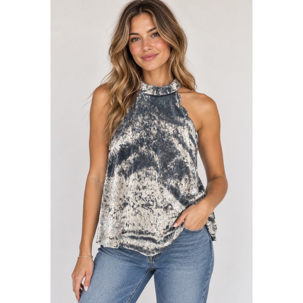 Altar'd State Blue Crushed Velvet Scalloped Halter Top Small Sleeveless Party